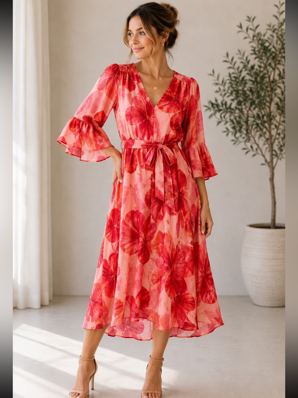 Just Laurie Floral Tie Waist Midi Dress Pink Red Size Small